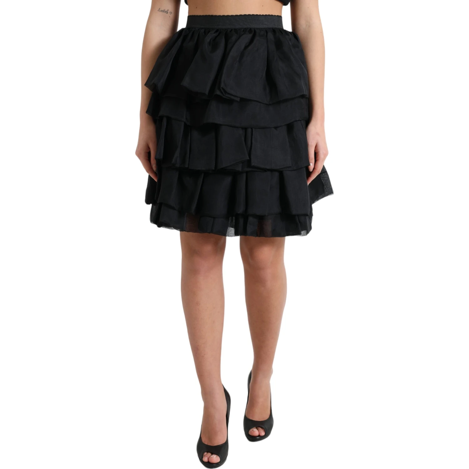 Black Tiered Aline High Waist Silk Mini Skirt