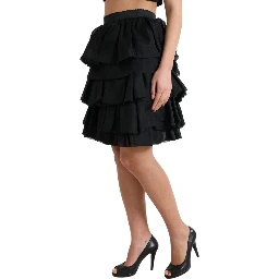 Black Tiered Aline High Waist Silk Mini Skirt