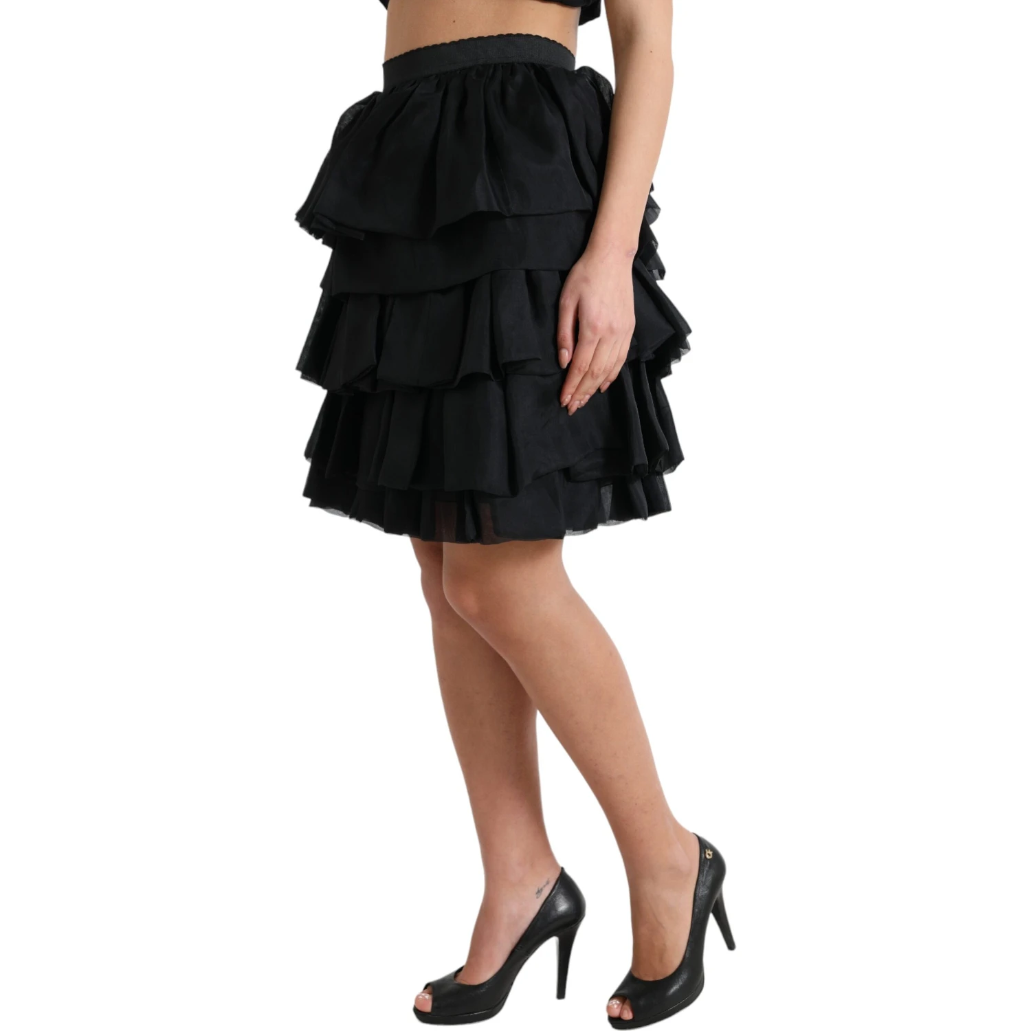 Black Tiered Aline High Waist Silk Mini Skirt