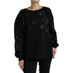 Black Pullover Floral Logo Applique Sweater