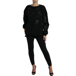 Black Pullover Floral Logo Applique Sweater