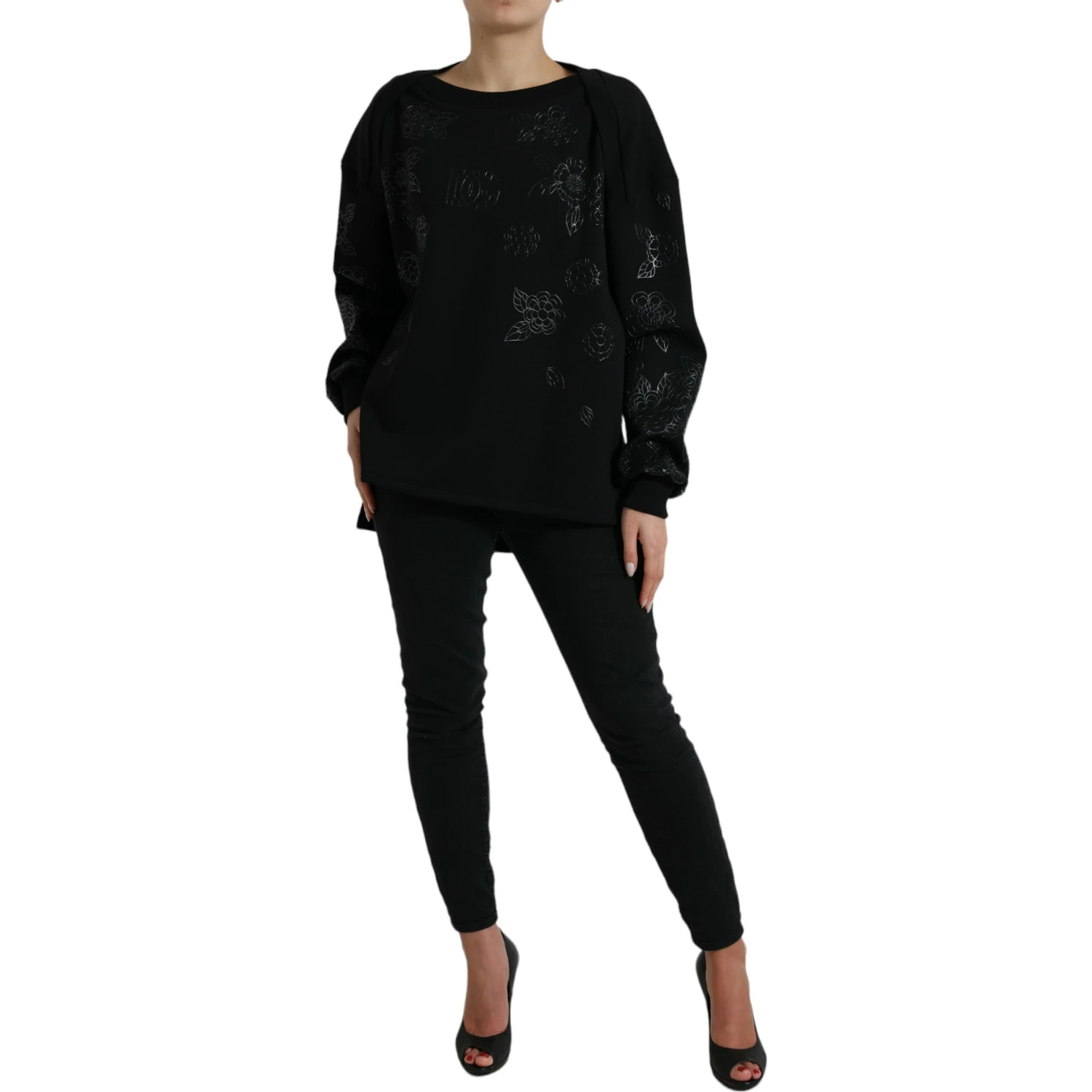 Black Pullover Floral Logo Applique Sweater