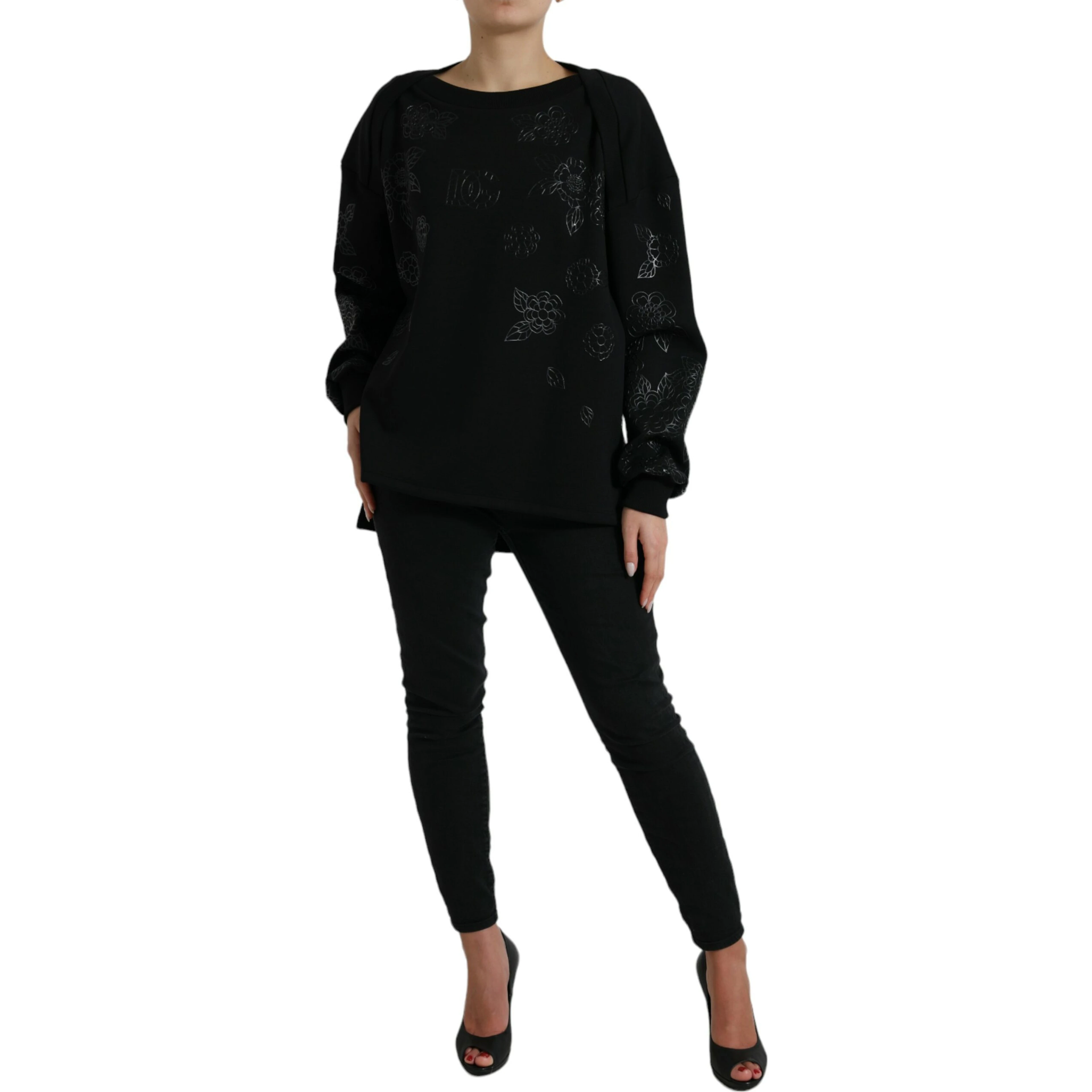 Black Pullover Floral Logo Applique Sweater