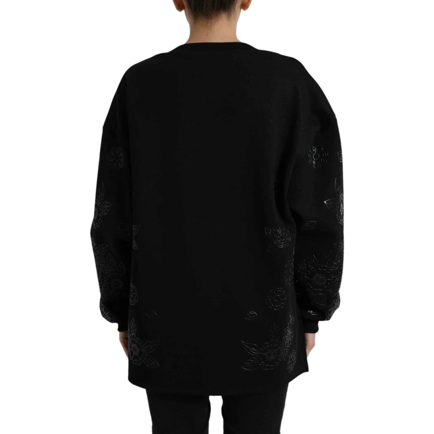 Black Pullover Floral Logo Applique Sweater