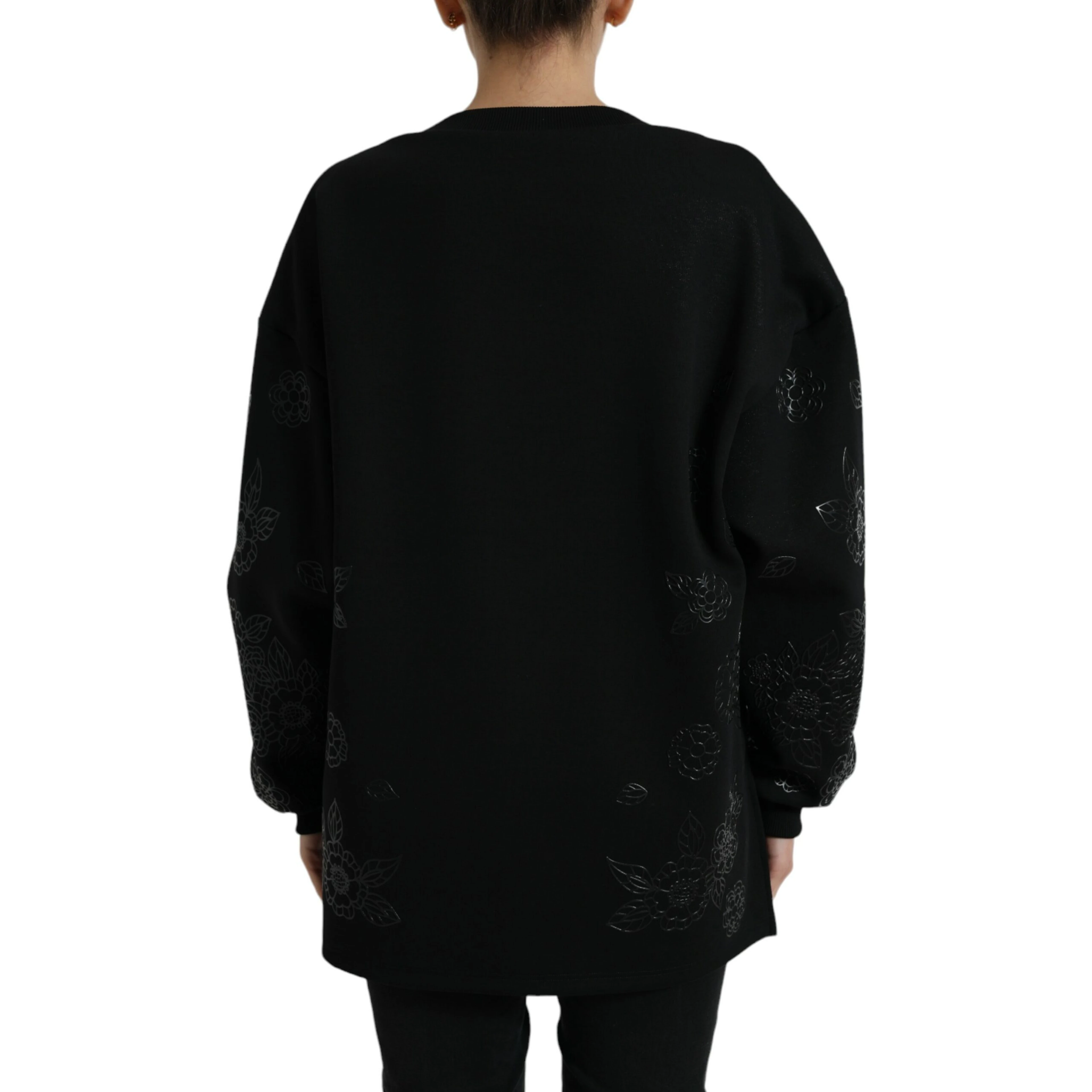 Black Pullover Floral Logo Applique Sweater