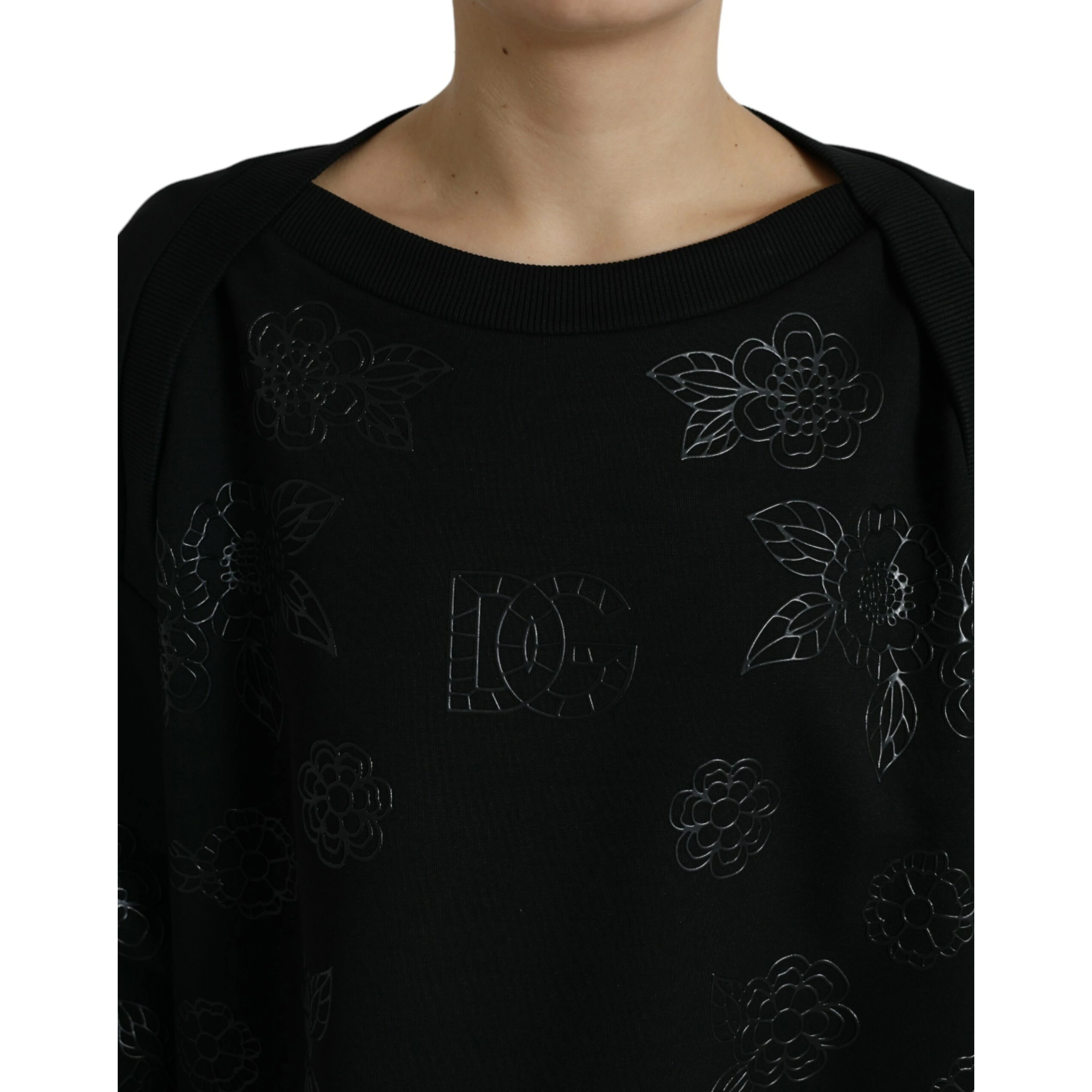 Black Pullover Floral Logo Applique Sweater