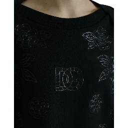 Black Pullover Floral Logo Applique Sweater