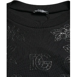 Black Pullover Floral Logo Applique Sweater