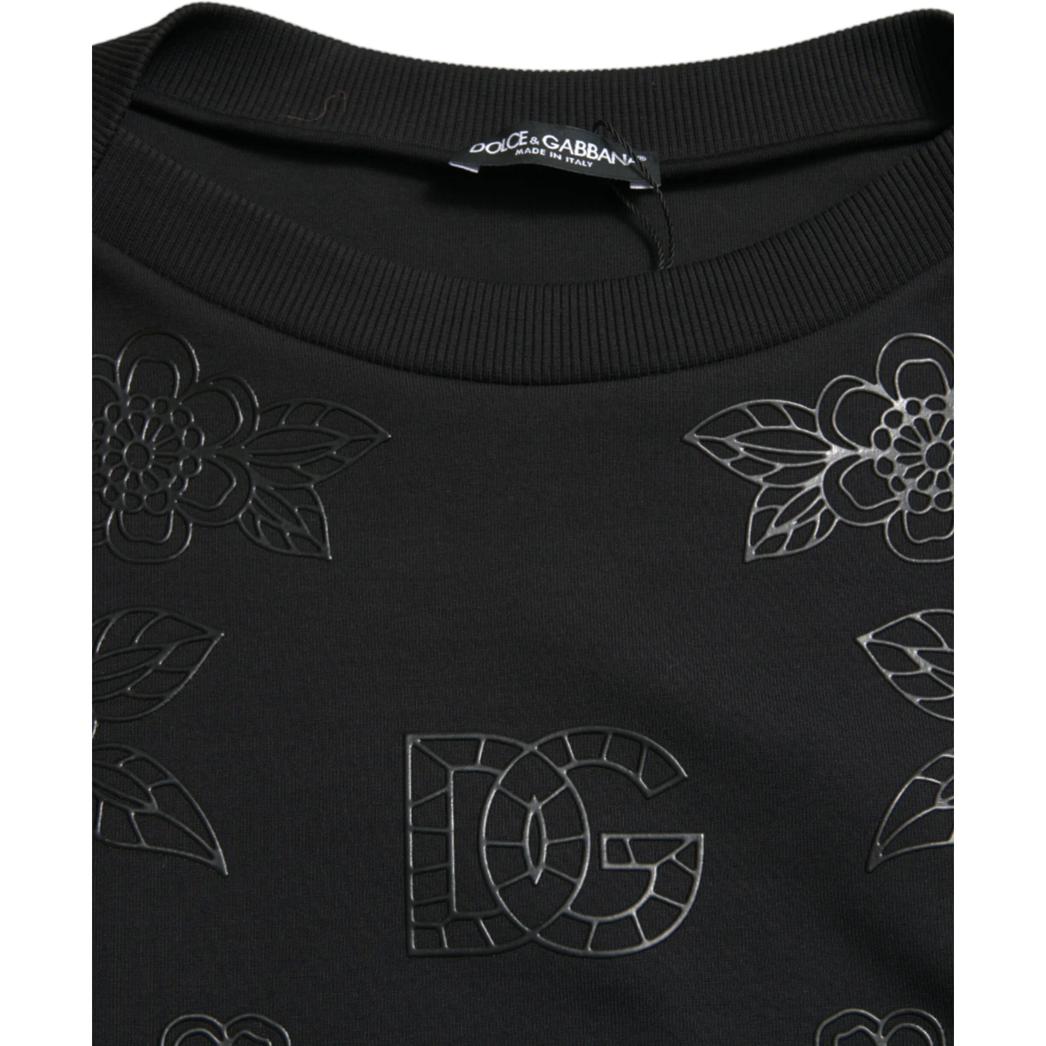 Black Pullover Floral Logo Applique Sweater