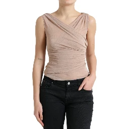 Beige Viscose V-neck Sleeveless Tank Top
