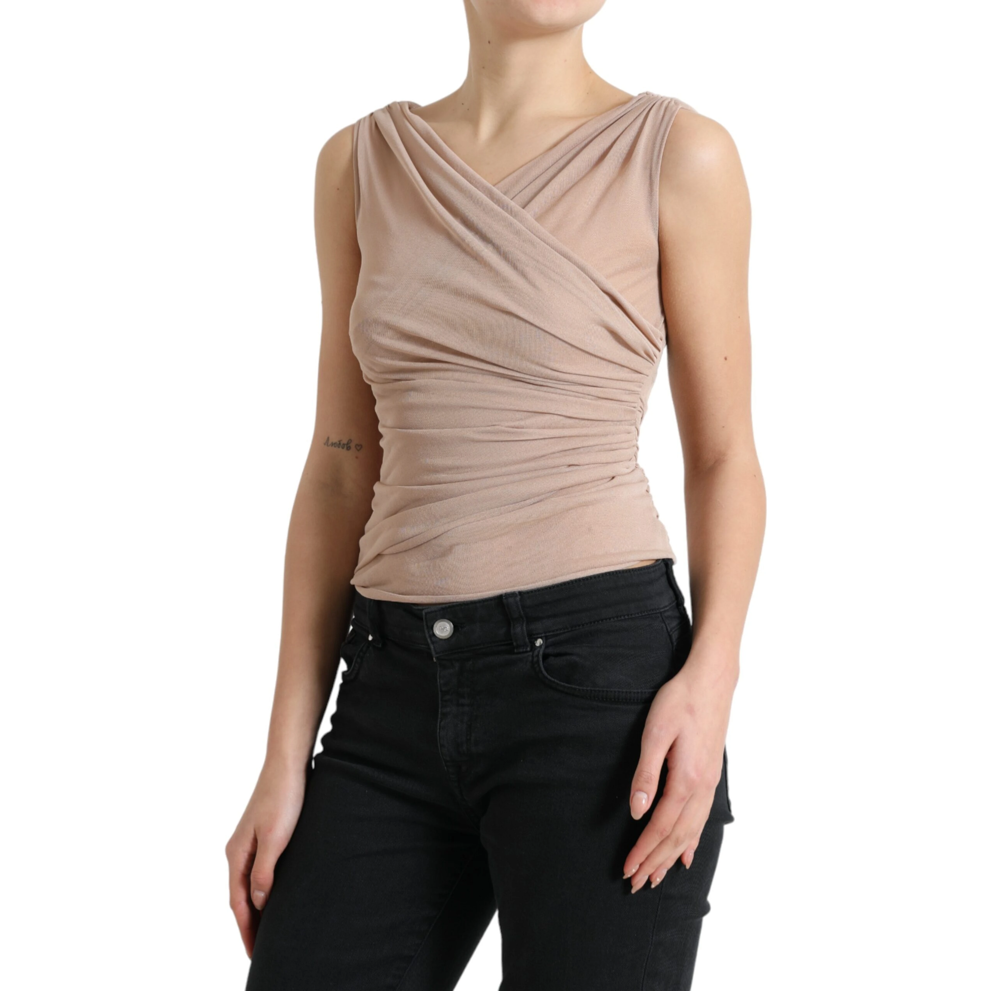 Beige Viscose V-neck Sleeveless Tank Top