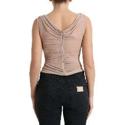 Beige Viscose V-neck Sleeveless Tank Top