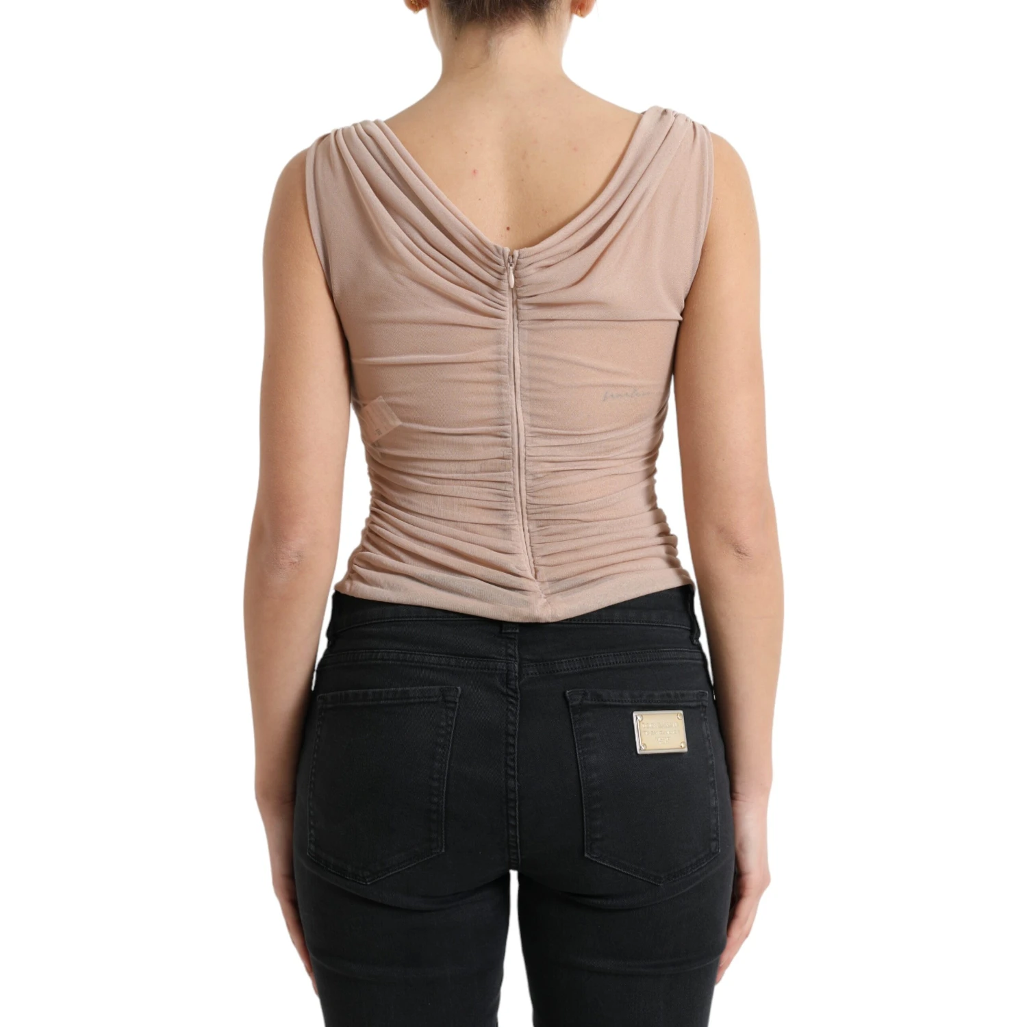 Beige Viscose V-neck Sleeveless Tank Top