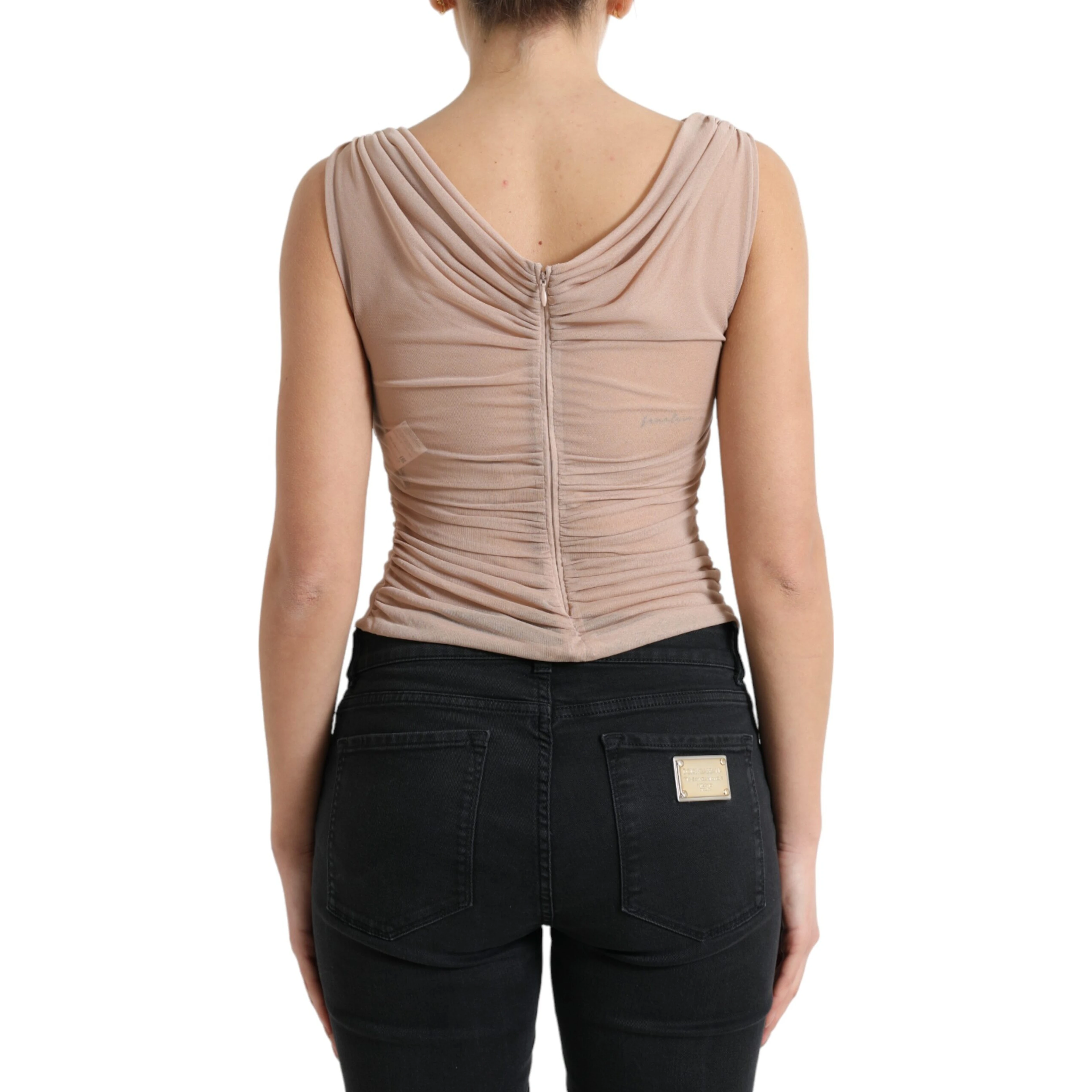 Beige Viscose V-neck Sleeveless Tank Top