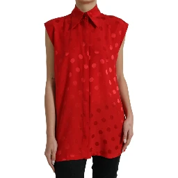 Red Polka Dot Sleeveless Collared Blouse Top