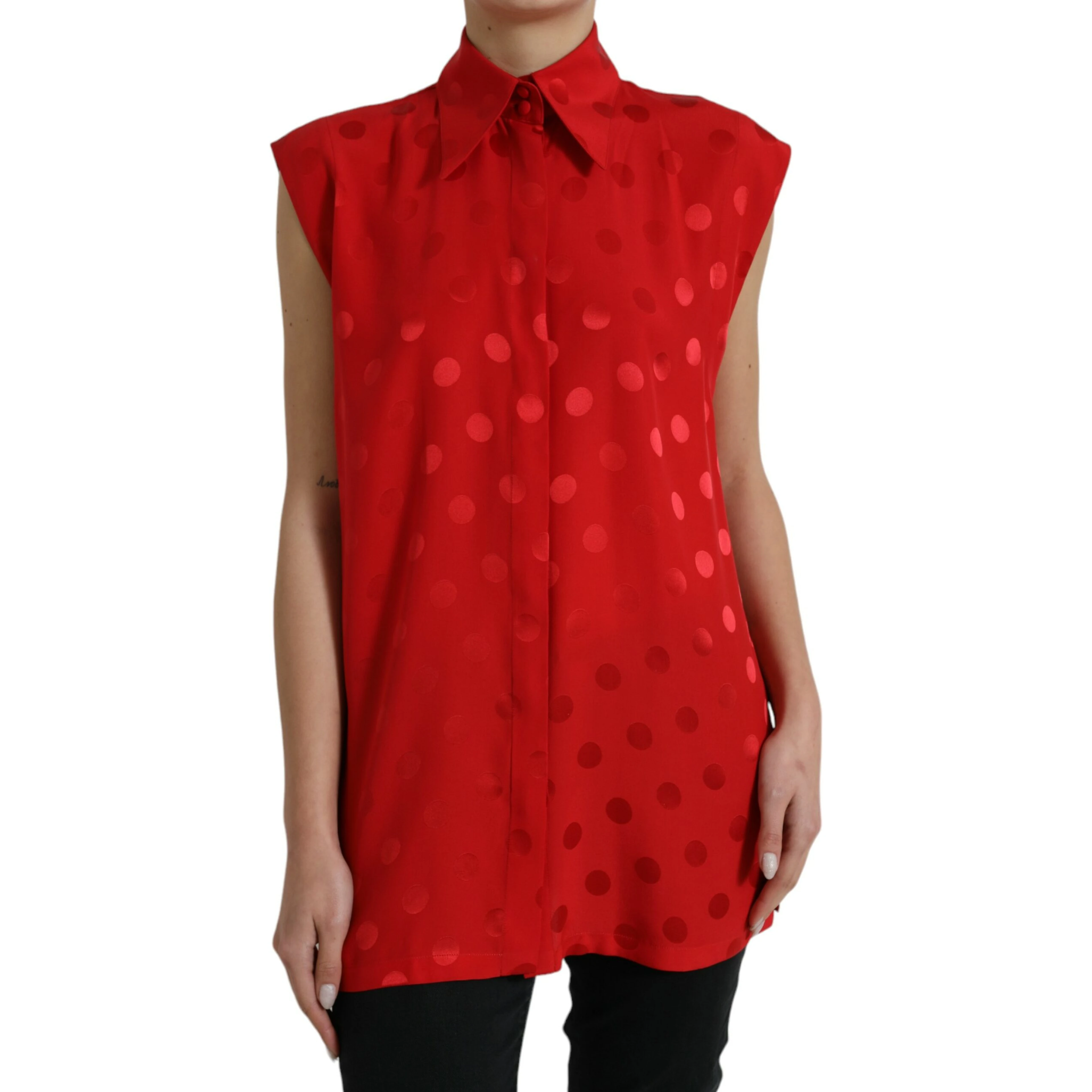 Red Polka Dot Sleeveless Collared Blouse Top