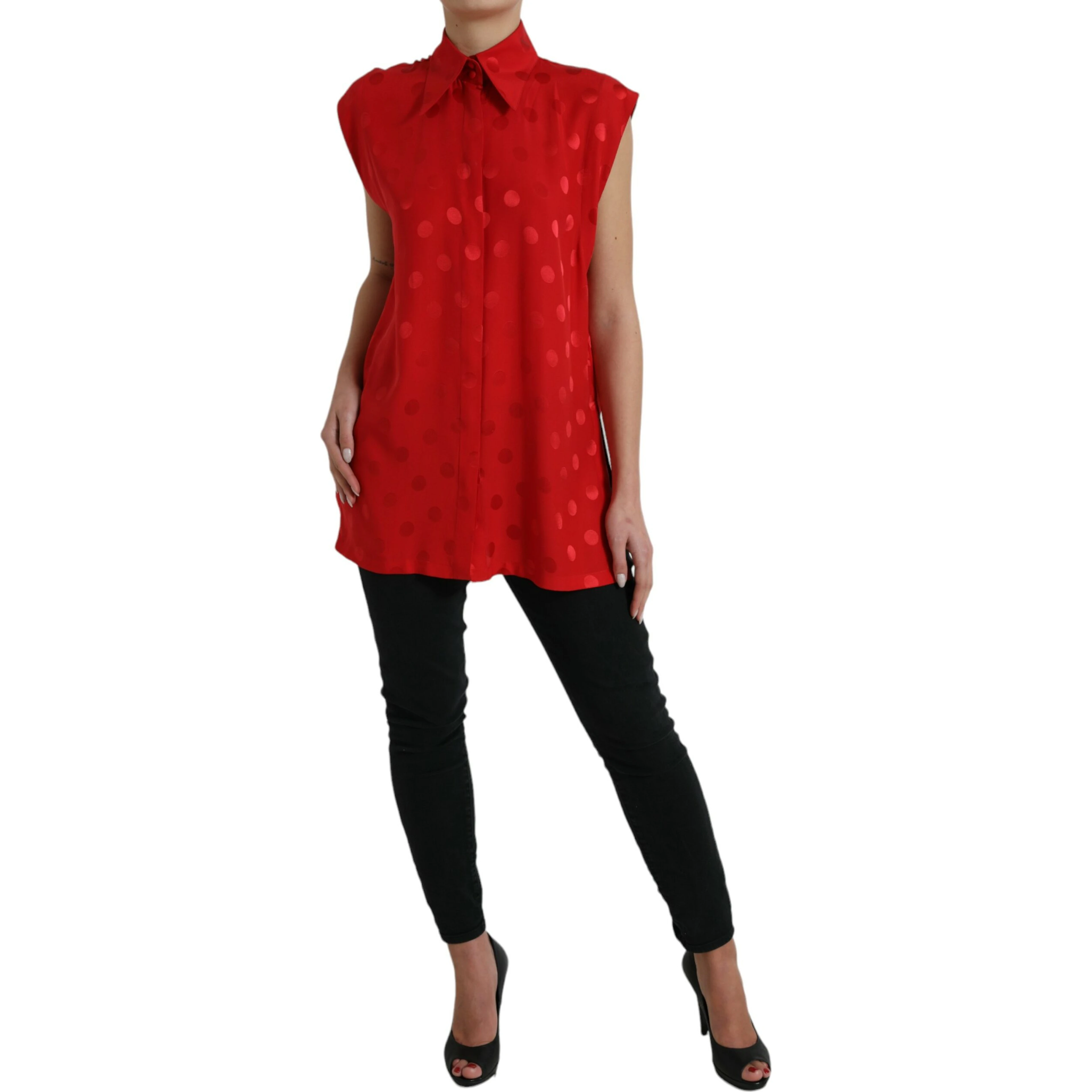 Red Polka Dot Sleeveless Collared Blouse Top