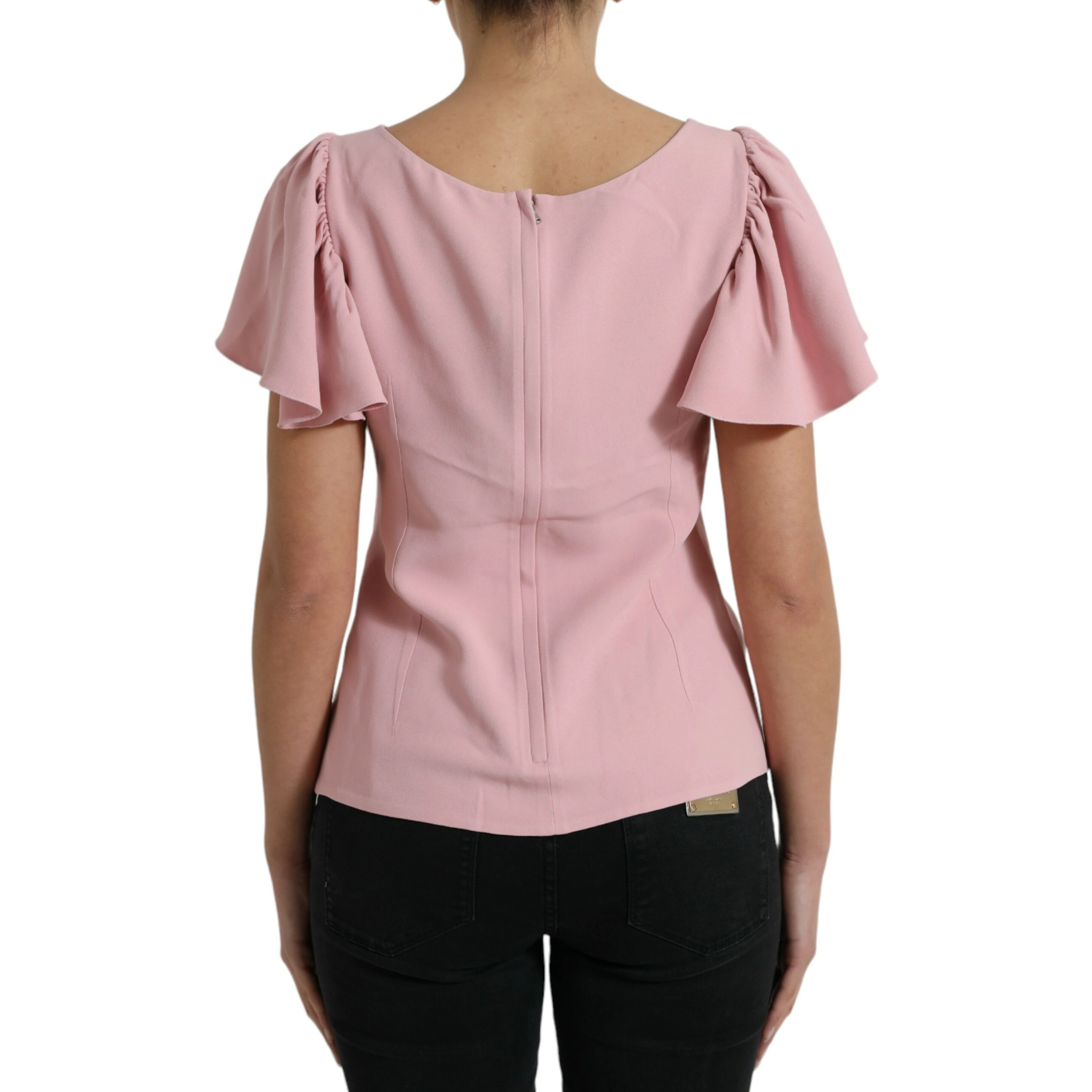 Pink Short Sleeves Round Neck Blouse Top