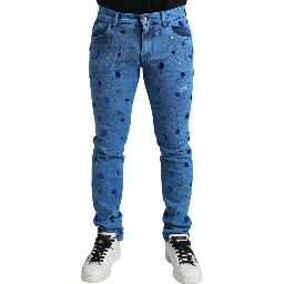 Blue Crystal Embellished Skinny Denim Jeans