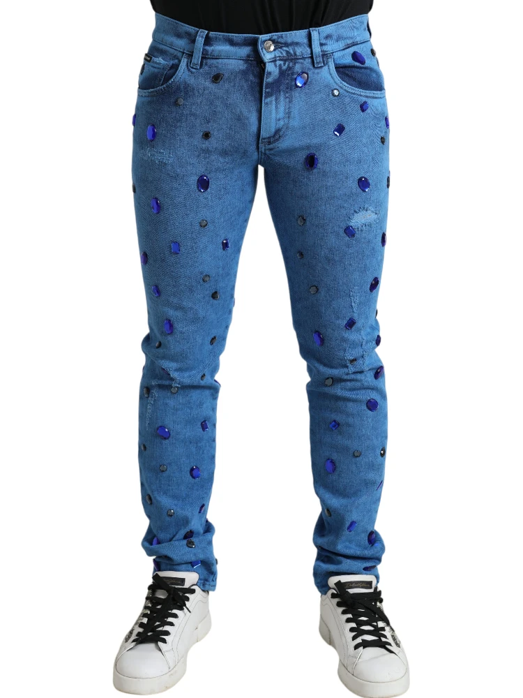 Blue Crystal Embellished Skinny Denim Jeans
