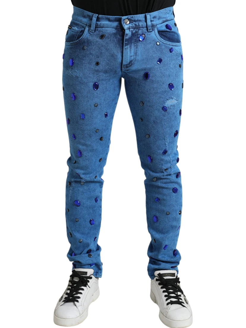 Blue Crystal Embellished Skinny Denim Jeans