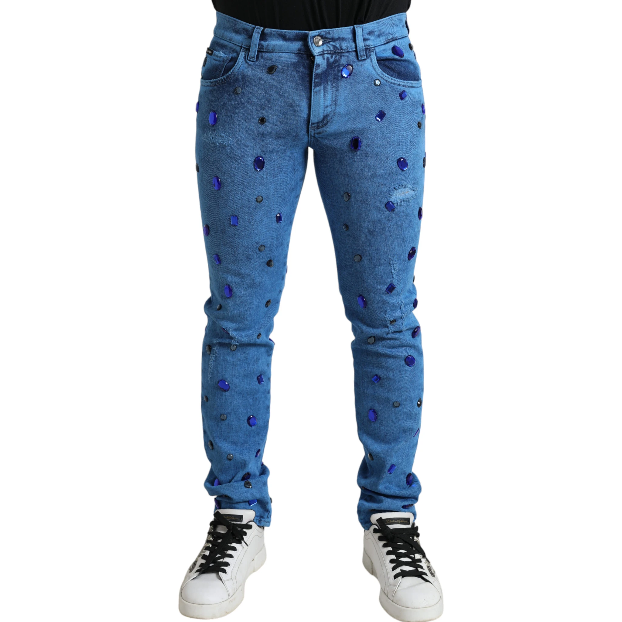 Blue Crystal Embellished Skinny Denim Jeans