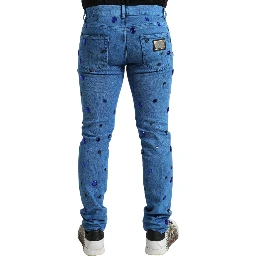 Blue Crystal Embellished Skinny Denim Jeans