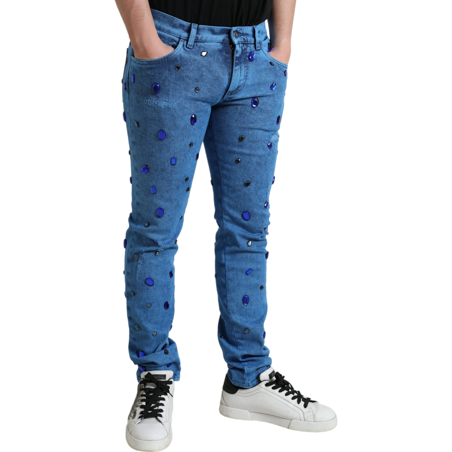 Blue Crystal Embellished Skinny Denim Jeans