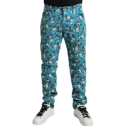 Blue Floral Print Skinny Cotton Denim Pants