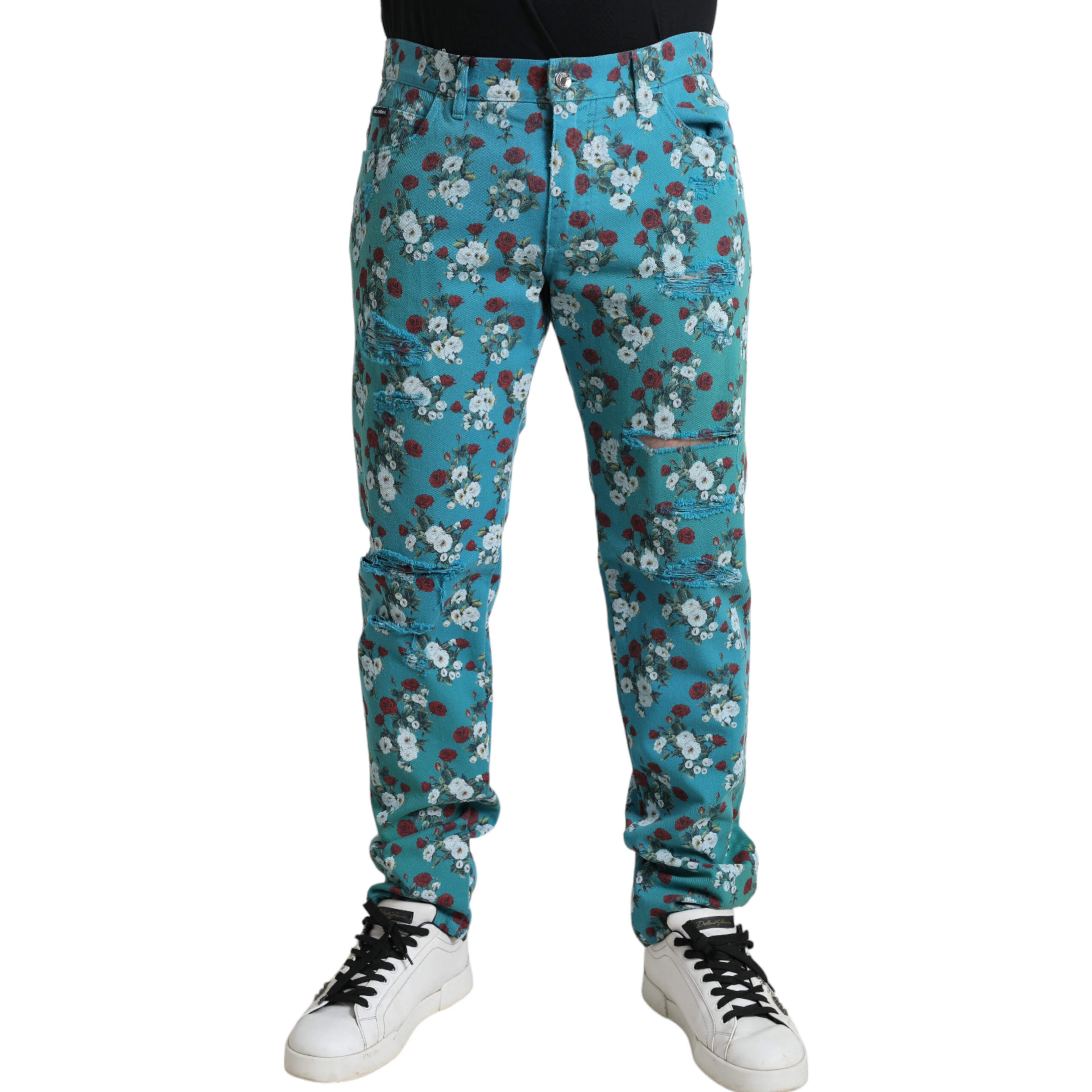 Blue Floral Print Skinny Cotton Denim Pants