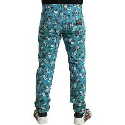 Blue Floral Print Skinny Cotton Denim Pants