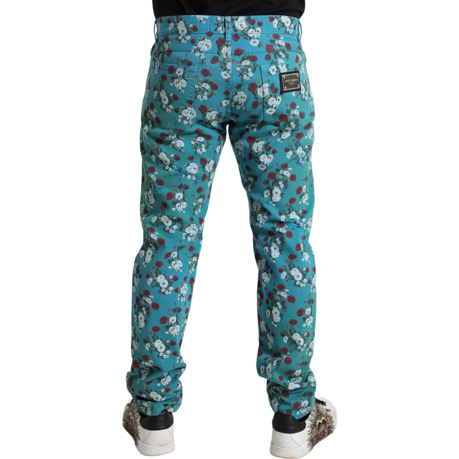 Blue Floral Print Skinny Cotton Denim Pants