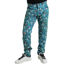 Blue Floral Print Skinny Cotton Denim Pants