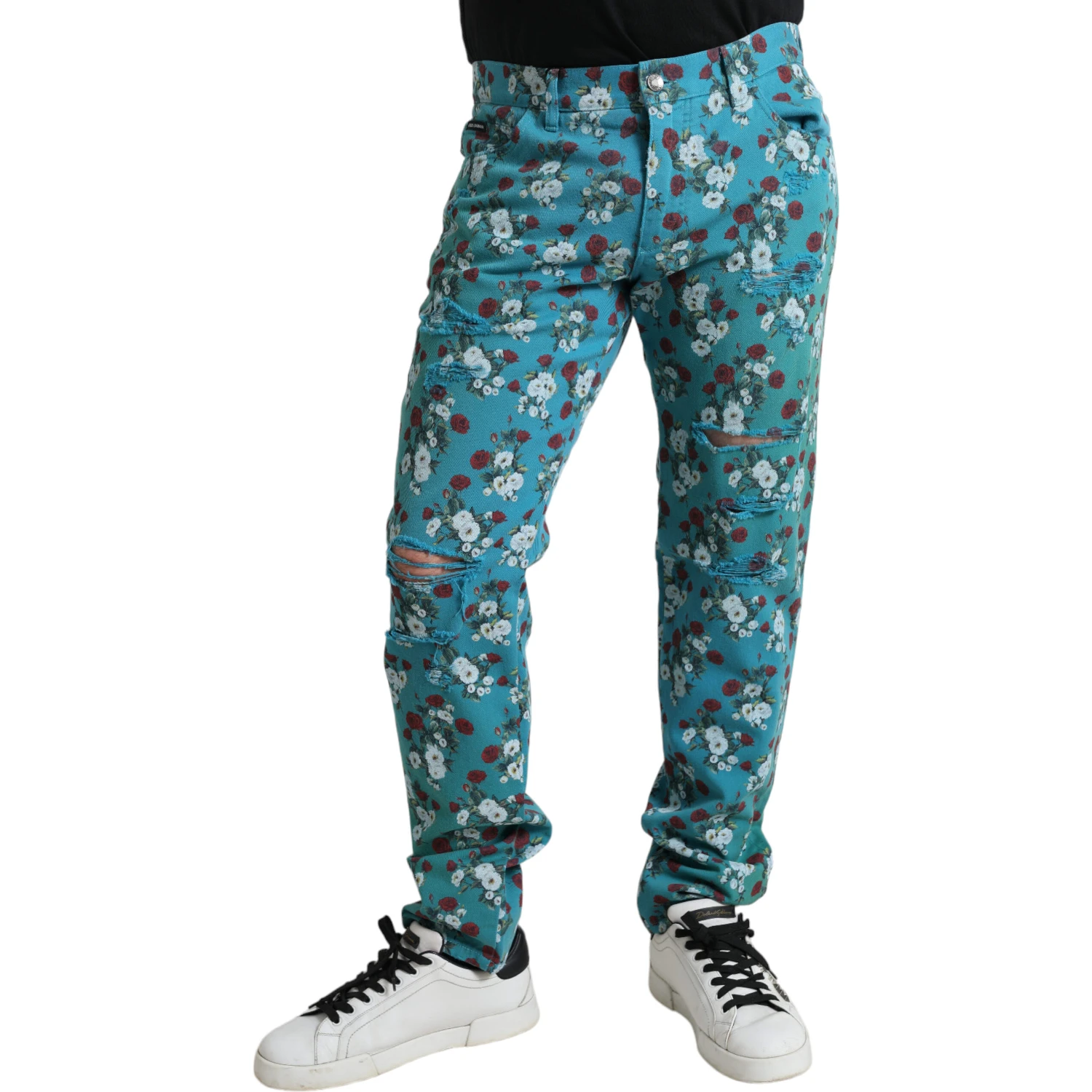 Blue Floral Print Skinny Cotton Denim Pants