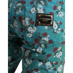 Blue Floral Print Skinny Cotton Denim Pants