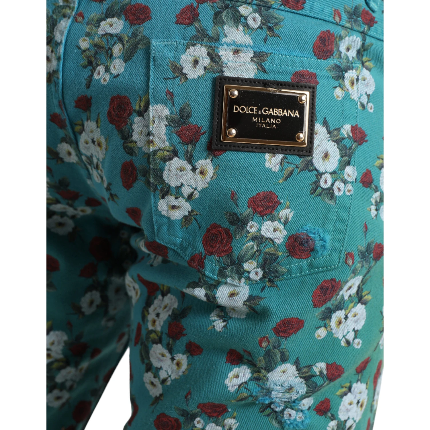 Blue Floral Print Skinny Cotton Denim Pants
