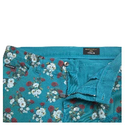 Blue Floral Print Skinny Cotton Denim Pants