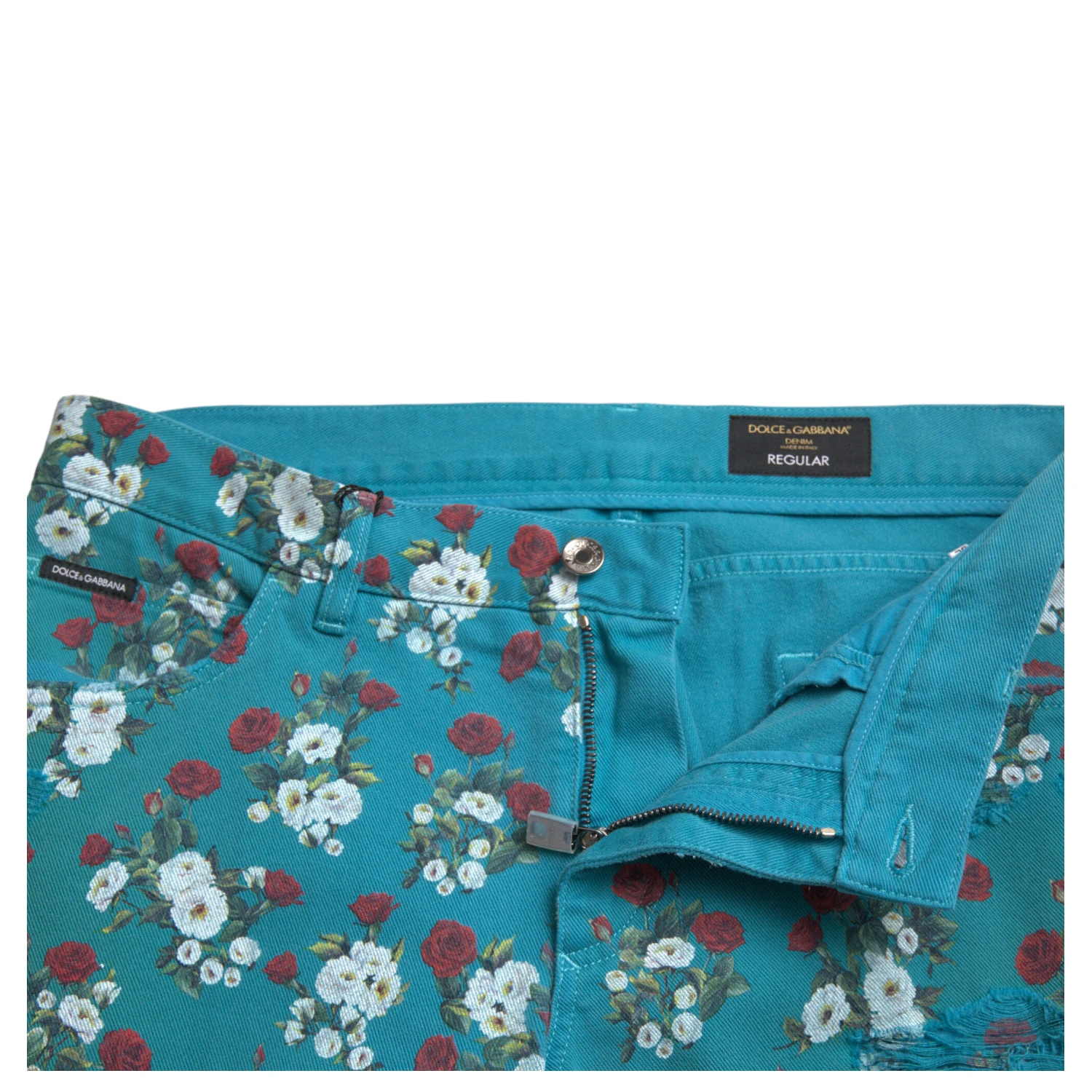 Blue Floral Print Skinny Cotton Denim Pants