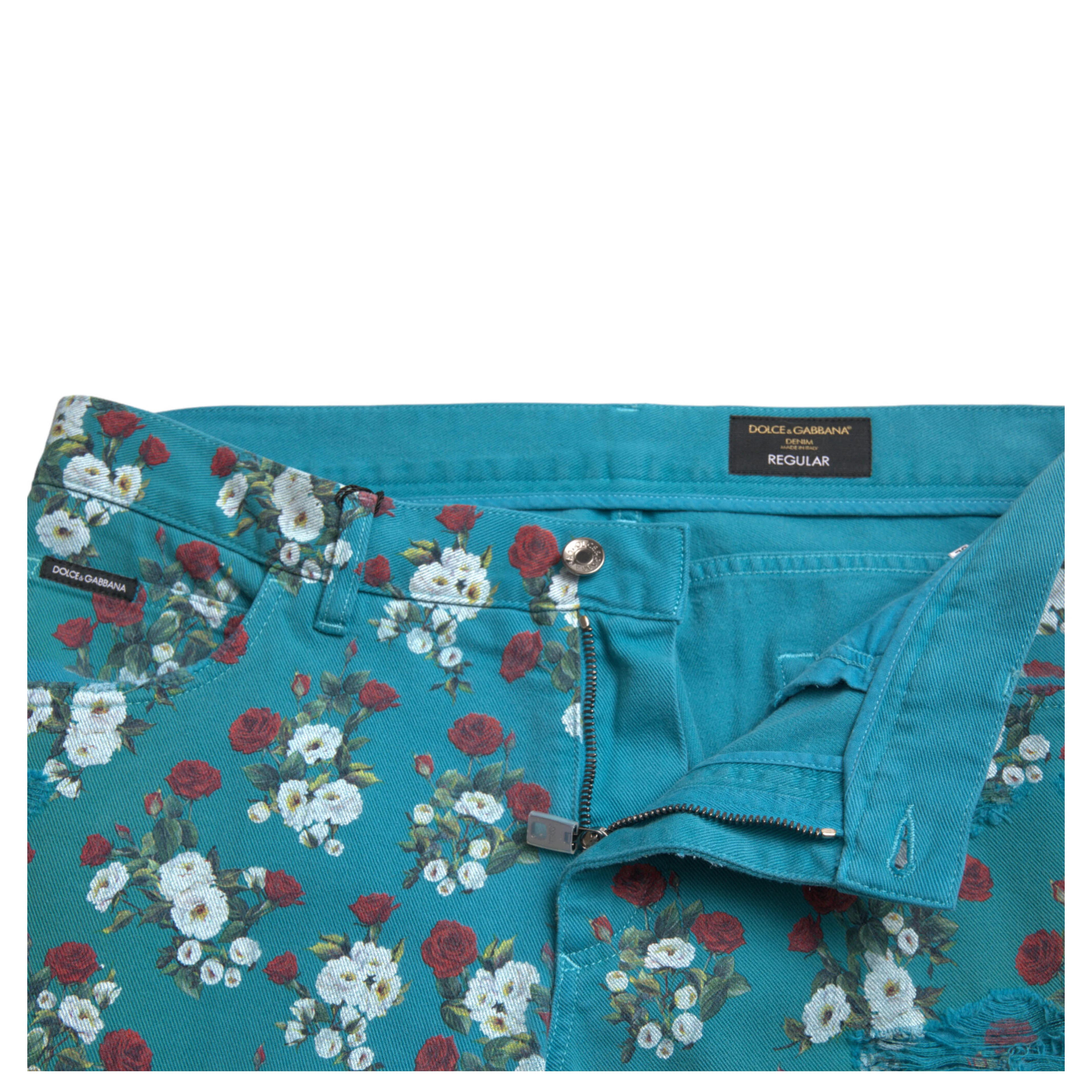 Blue Floral Print Skinny Cotton Denim Pants