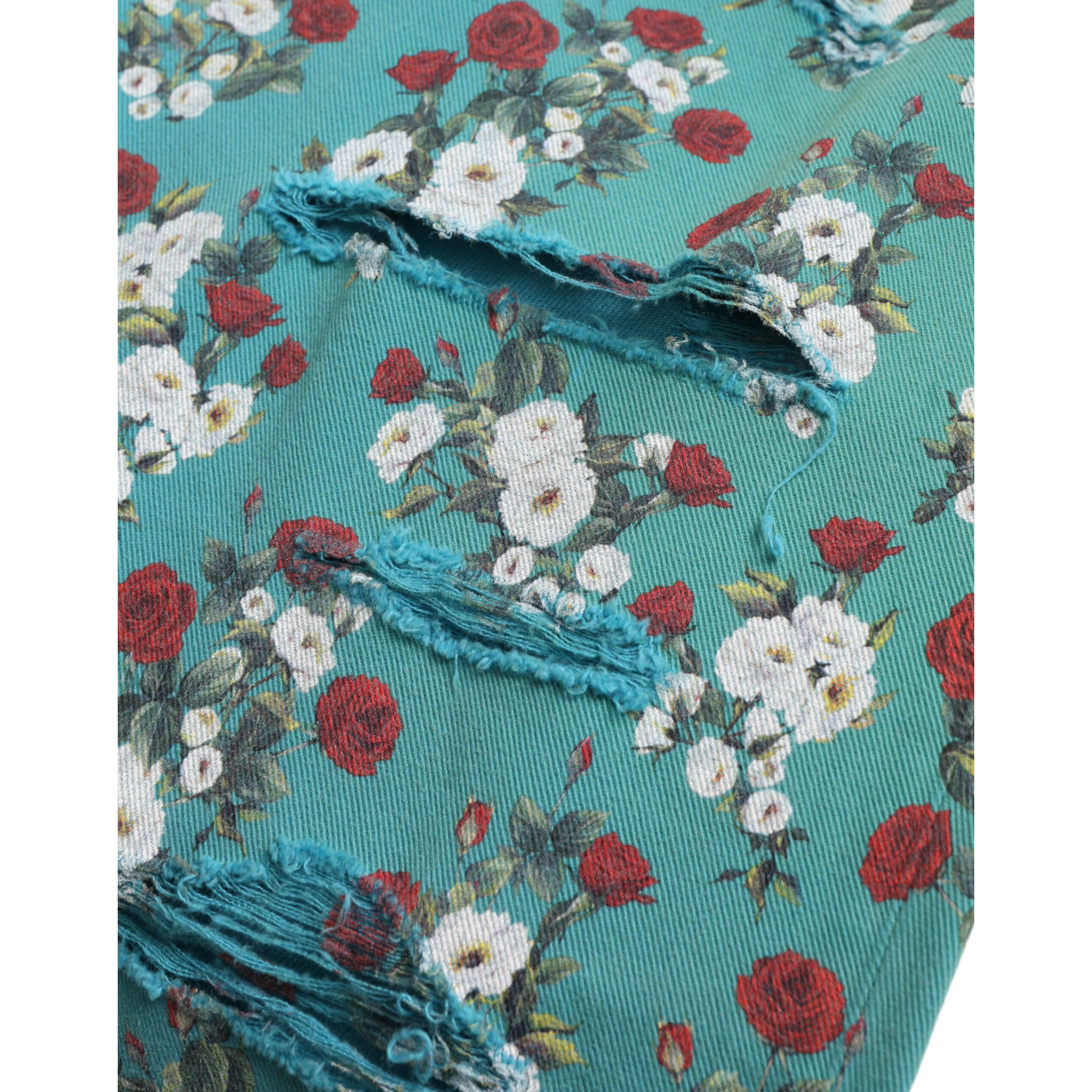 Blue Floral Print Skinny Cotton Denim Pants