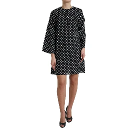 Black White Polka Dot Nylon Shift Mini Dress