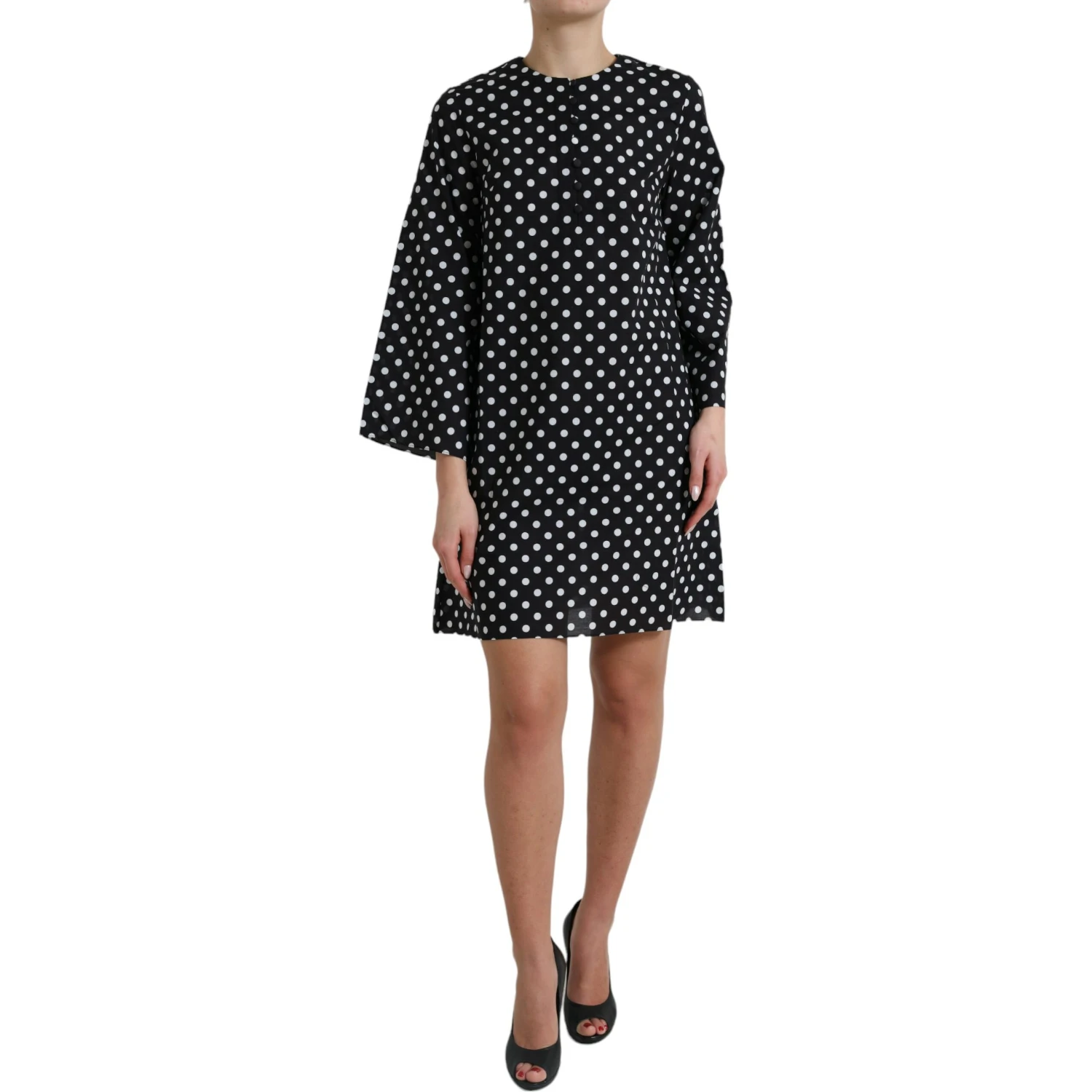 Black White Polka Dot Nylon Shift Mini Dress