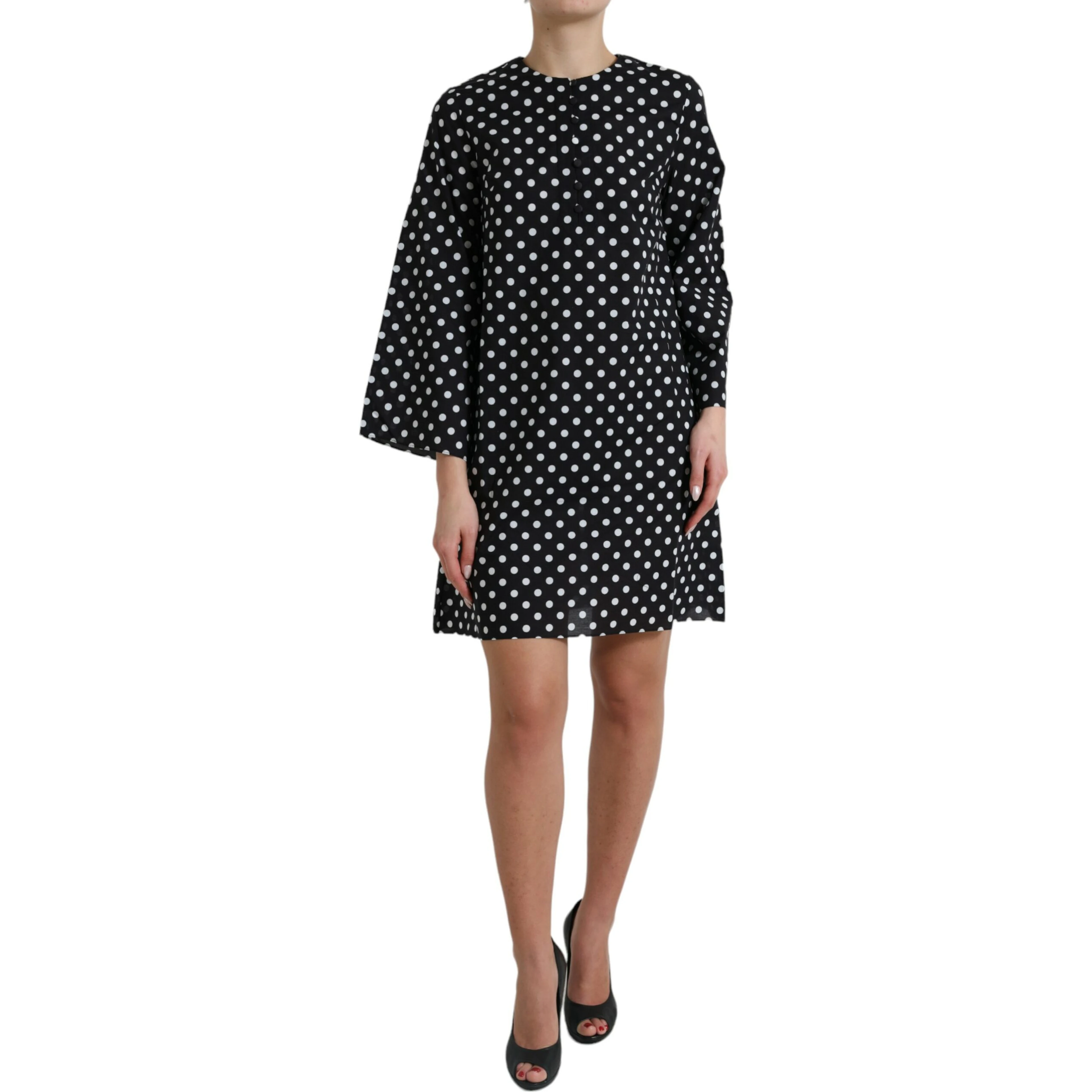 Black White Polka Dot Nylon Shift Mini Dress