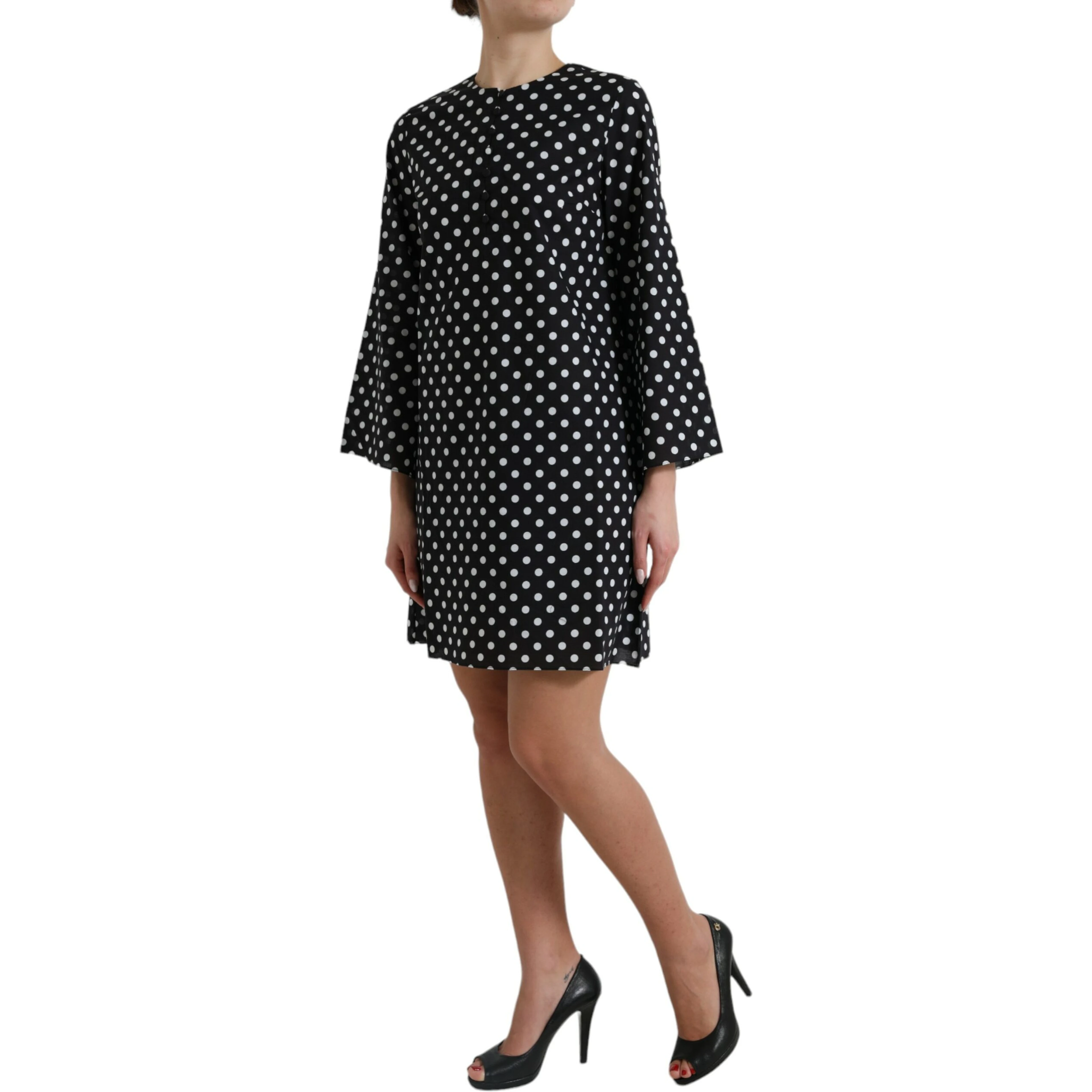 Black White Polka Dot Nylon Shift Mini Dress