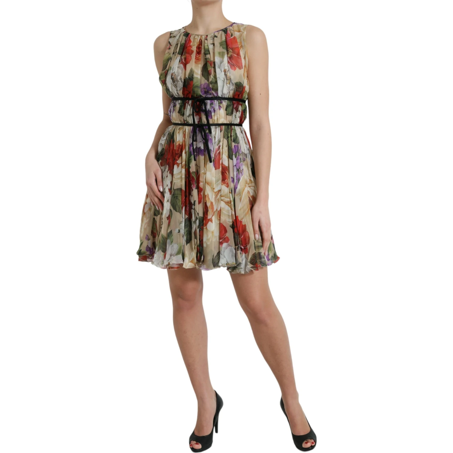 Beige Floral Sleeveless A-line Mini Dress