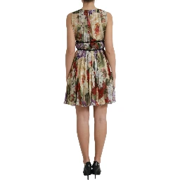 Beige Floral Sleeveless A-line Mini Dress