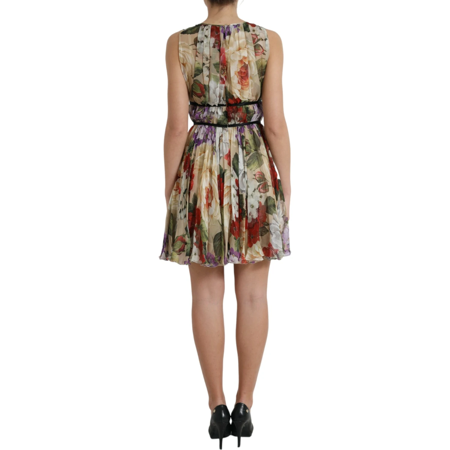 Beige Floral Sleeveless A-line Mini Dress