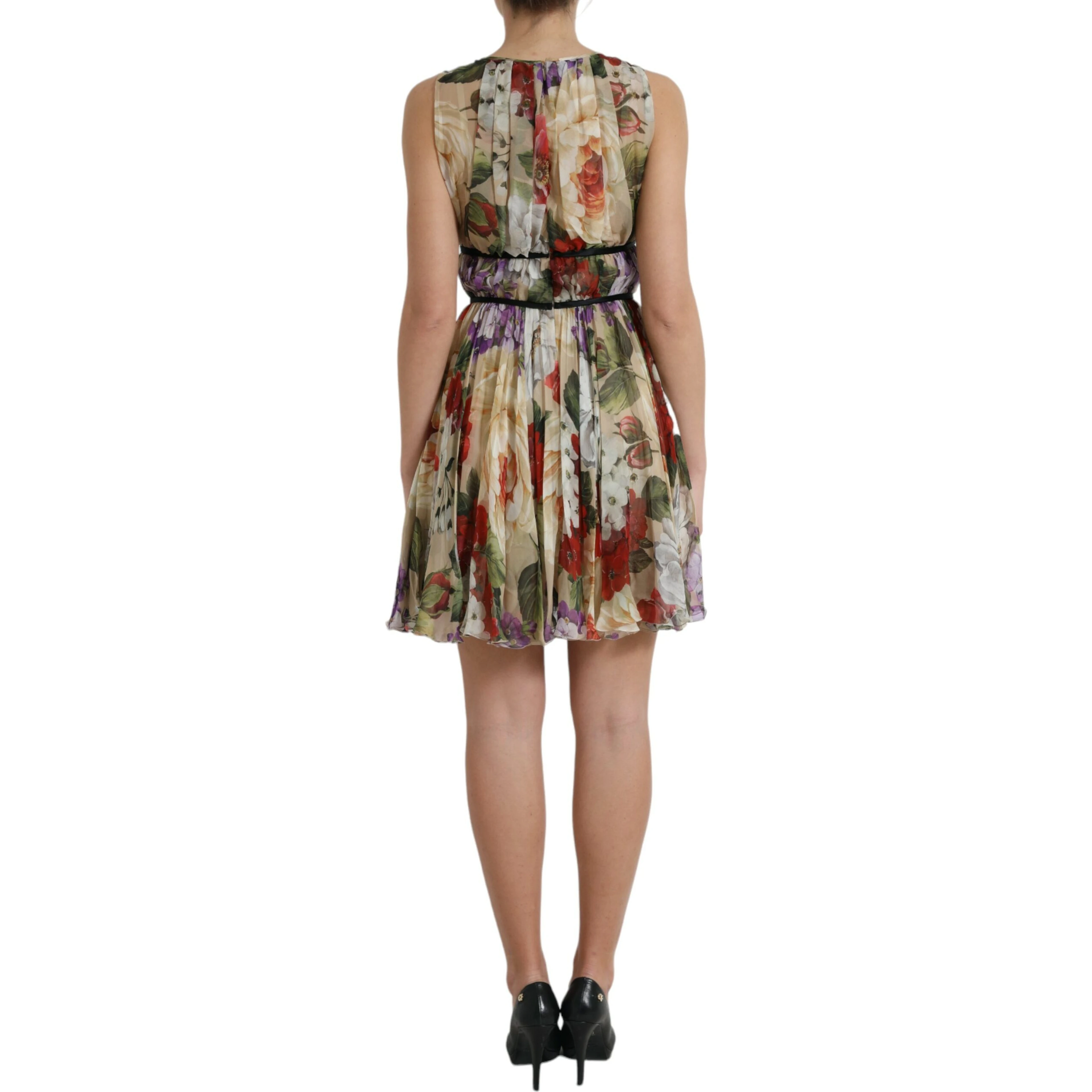 Beige Floral Sleeveless A-line Mini Dress