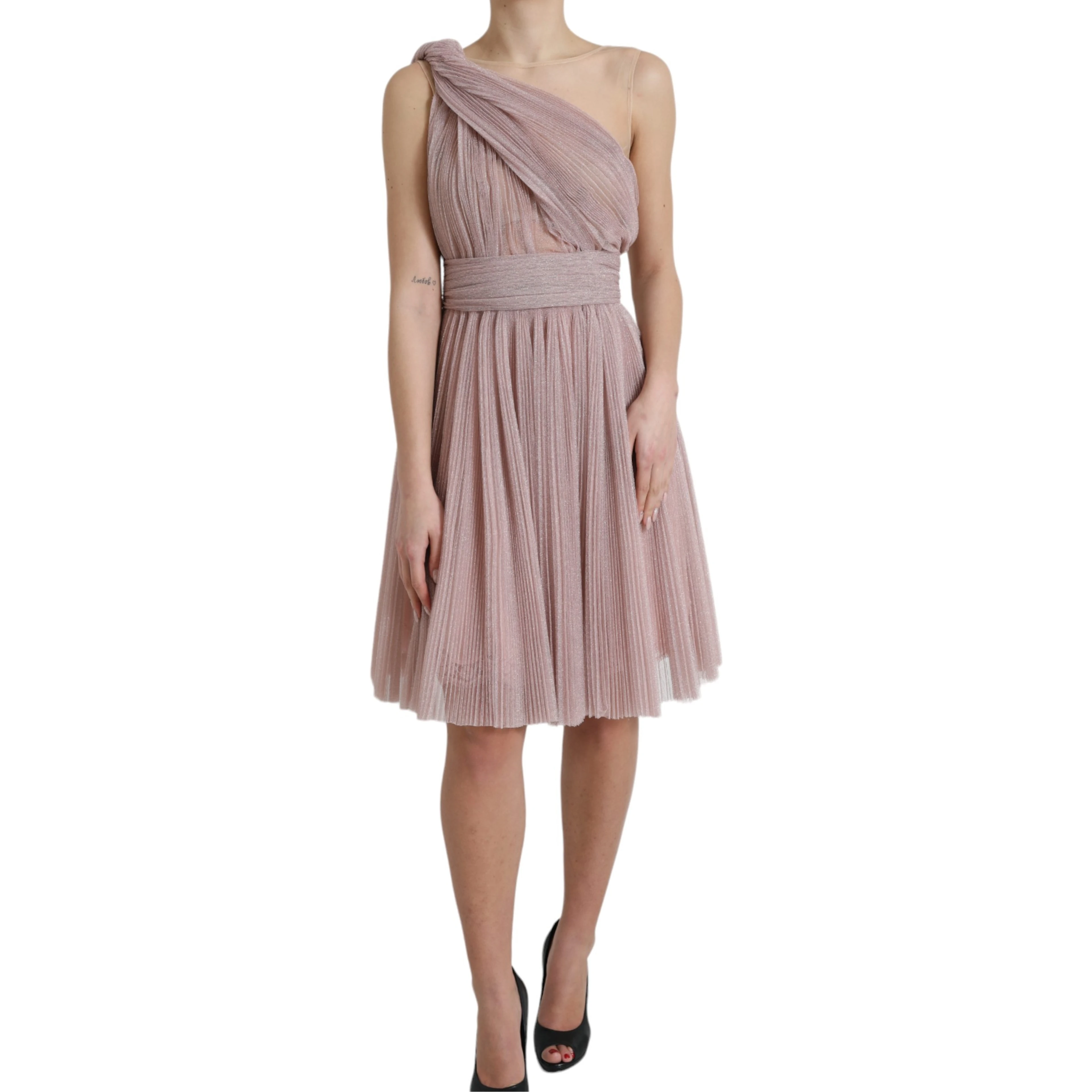 Pink One Shoulder Pleated Lame Tulle Dress
