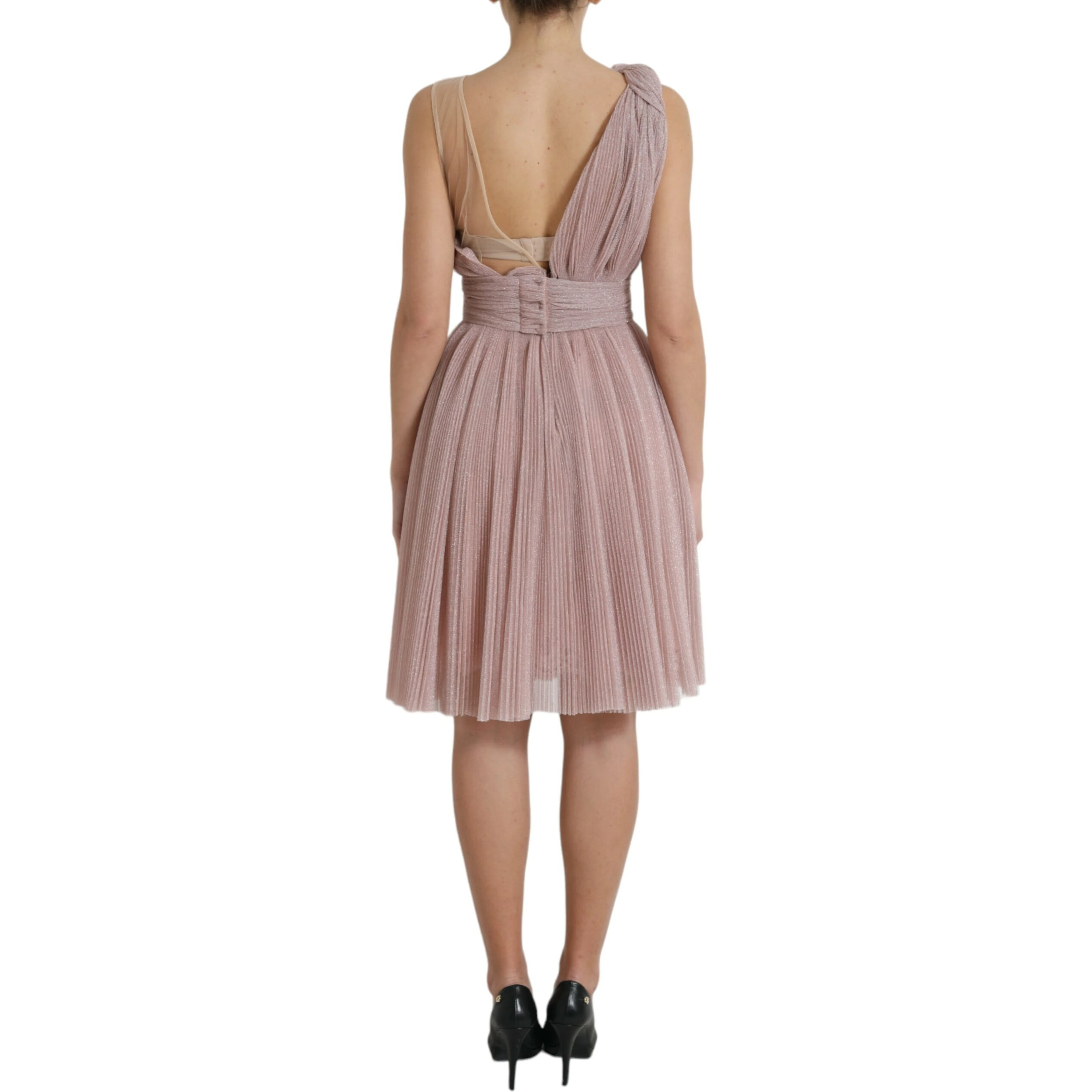 Pink One Shoulder Pleated Lame Tulle Dress